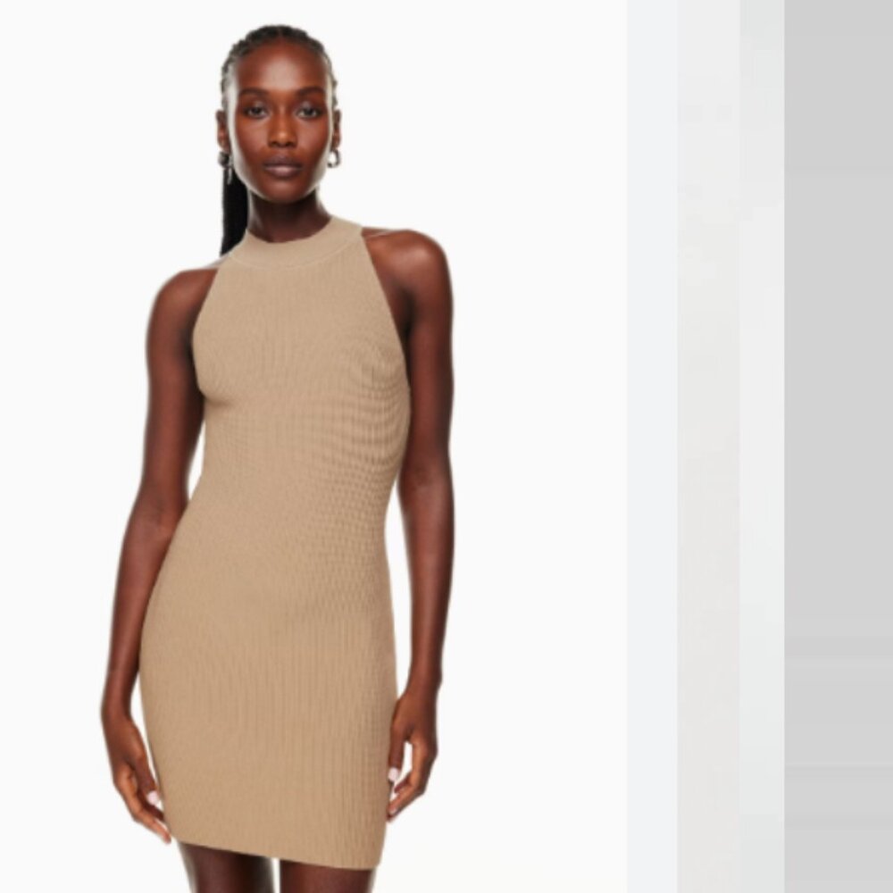Aritzia Babaton Sculpt‎ Knit Racer Halter Mini Ribbed Dress Tan S